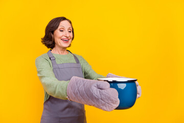 Wall Mural - Portrait of attractive cheery grey-haired woman giving homemade cuisine saucepan dish isolated over bright yellow color background