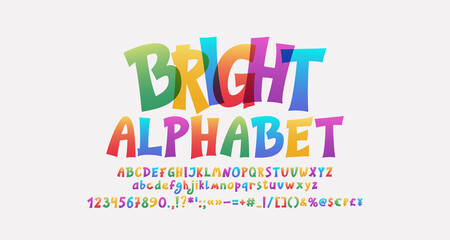 Leinwandbilder - Cartoon colored font, bright transparent alphabet letters and numbers. Funny vector multicolor typeface