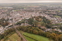 Aerial Drone Photo Of The Beautiful Village Of Knaresborough In North Yorkshire In The Winter Time Showing The Famous Knaresborough Viaduct And Train Tracks And The River Nidd