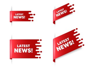 Poster - latest news text. red ribbon tag banners set. media newspaper sign. daily information symbol. latest