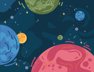 Poster - Futuristic solar system planets flat cartoon background. Vector outer space giant globes. Cosmos exploration object, celestial body cosmic sphere Jupiter Mars, Venus, Mercury. Interstellar alien world