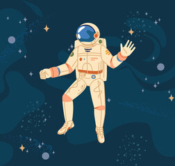 Poster - Astronaut in outer space cosmos, galaxy objects on flat cartoon background. Vector man in helmet and cosmic suit, scientist astronomy explorer in protective wear, spaceman investigate solar system