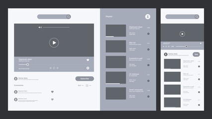 Poster - Video tube interface. Multimedia web design pages ui display layouts video record preview garish vector templates set for various divices