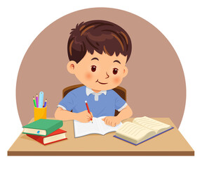 Canvas Print - Little boy doing homework by read and writing on his desk. Vector illustration