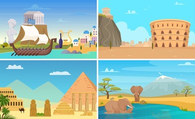 Poster - Travel places landscapes. Italy Greece Egypt and Safari in Africa. World tourism reopen vector banners