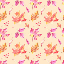 Seamless Pattern With Hand Painted Watercolor Autumn Leaves. Cute Design For Textile Design, Scrapbook Paper, Decorations. High Quality Illustration