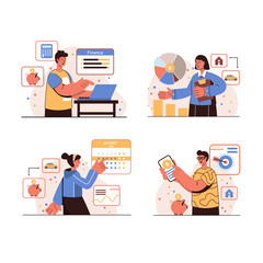 Poster - People planning financial budget concept isolated scenes set. Men and women analyze financial statistics, accounting, plan large purchases and saving money. Vector illustration in flat design