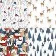 Seamless pattern with hand drawn textured houses, forest, forest animals. Cute old town, animals, plants, perfect for winter wrapping paper or fabric.