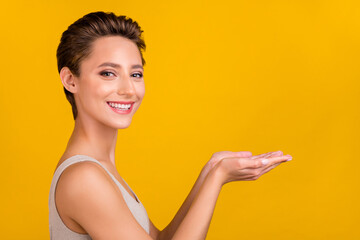 Wall Mural - Photo of charming pretty lady palm hold empty space white smile wear grey top isolated yellow color background