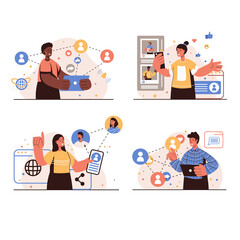 Poster - Social network people concept isolated scenes set. Men and women communicate online, chatting in messenger, post photos, view friends feed, connectivity profiles. Vector illustration in flat design