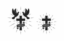 Set Of Black And White Illustrations Of Cross, Doves, Ribbon With Text And Rays On A White Background. Design Element For Poster, Emblem, Sticker, Label, Badge. Vector Illustration. Religious Symbol.