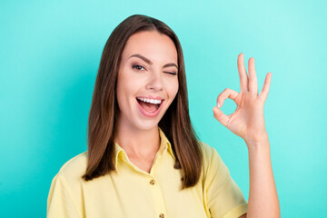 Sticker - Photo of impressed millennial brunette lady show okey sign blink wear yellow blouse isolated on teal color background