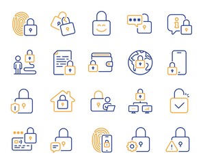 Poster - locks line icons. fingerprint protection, unlock code and credit card password icons. open padlock, 