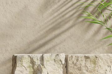 Three mockup boulders against a beige stone wall. Stage for product presentation. The sun breaks through the palm leaves, creating a shadow on the wall. Selective focus. 3D render. 3D illustration.