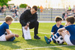 © matimix - Young coach teaching children boys on the football field. Soccer football training session. Football coach coaching children. Football tactic education. Coach explains a game strategy using whiteboard