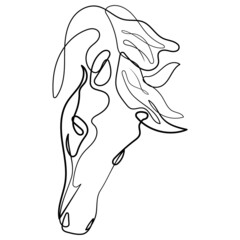 Horse line art icon in vector. Continuous one line drawing of horse silhouette isolated on white background. Horse for company logo identity. Illustration for magazine, background, tattoo.