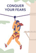 Woman in protective equipment and helmet climbs in adventure park on rope - flat vector illustration.