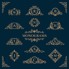 Wall Mural - Decorative logo monogram. Floral retro monograms, elegant royal crown elements. Heraldry decoration, luxury ornaments and frames tidy vector set