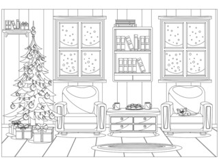 Wall Mural - Coloring book for kids and adults in the form of a vector room prepared for the celebration of the new year and Christmas.