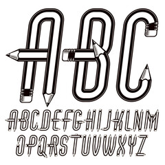 Poster - Set of vector upper case English alphabet letters isolated made using office supplies design, wooden pencils.