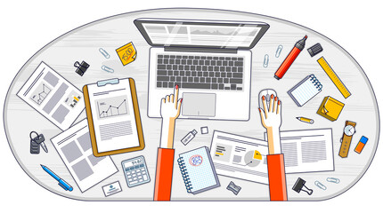 Fototapete - Business analysis, office worker or entrepreneur business woman working on a PC notebook and papers with financial analytics, top view of work desk with stationery and documents and hands. Vector.