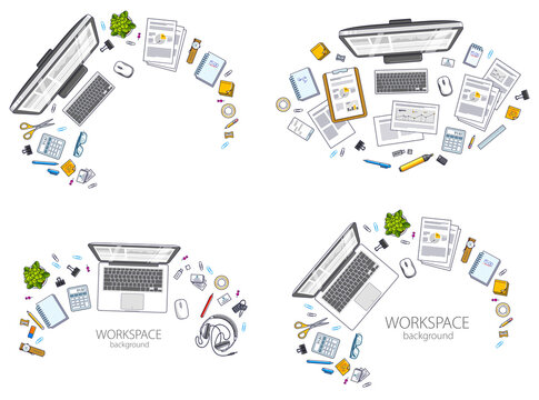 Office desks workspaces top view with PC and laptops  and diverse stationery objects for work, overhead look. All elements are easy to use separately or recompose the illustrations. Vector set.