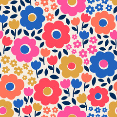 Wall Mural - Colorful cute hand drawn floral seamless pattern background.