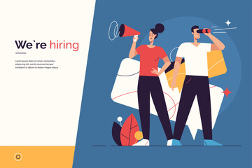 Vector illustration on the subject of hiring, new employees recruiting, announcement and promotion. Editable stroke