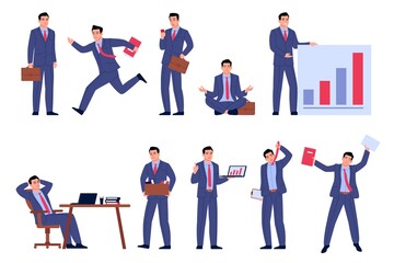 Wall Mural - Businessman character. Office employee in formal suit and tie. Various poses man. Professional manager workplace. Worker with folder and briefcase. Vector persons work activities set