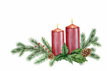 Watercolor Vector Christmas Card With Red Candles And Fir Branches.