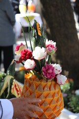 Wall Mural - Pumpkin and some vegetables carved with carving knife to get flower design