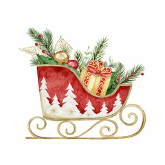 watercolor vector christmas card with a sled, fir branches, christmas balls and a gift.