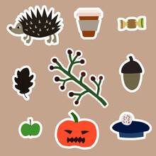 Vector With Halloween Carved Pumpkin And Fall Season Stickers On Beige