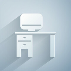 Poster - Paper cut Computer monitor and desk icon isolated on grey background. PC component sign. Paper art style. Vector Illustration