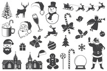 Set Of Christmas Icons. Vector Illustration. Set Include Gift Boxes Christmas Tree Wreath Snowman Santa Claus Candy Cane Bells Holly Decoration For Merry Christmas And New Year Celebration.