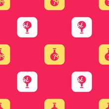 Yellow Cracked Test Tube And Flask Chemical Laboratory Test Icon Isolated Seamless Pattern On Red Background. Laboratory Glassware Sign. Vector