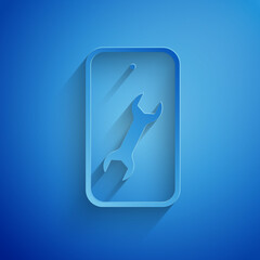 Poster - Paper cut Mobile phone with wrench icon isolated on blue background. Adjusting, service, setting, maintenance, repair. Paper art style. Vector
