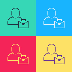 Poster - Pop art Freelancer icon isolated on color background. Freelancer man working on laptop at his house. Online working, distant job concept. Vector