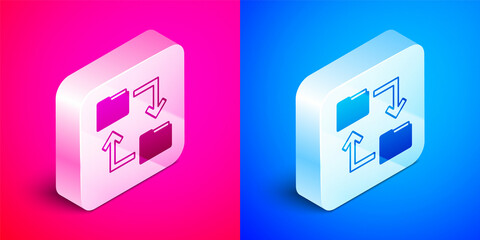 Poster - Isometric Cloud storage text document folder icon isolated on pink and blue background. Silver square button. Vector