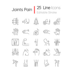 Sticker - Joints pain linear icons set. Rheumatic diseases. Arthritis development. Muscles inflammation. Customizable thin line contour symbols. Isolated vector outline illustrations. Editable stroke