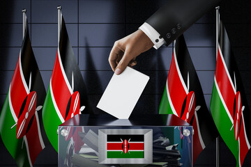 Kenya flags, hand dropping ballot card into a box - voting, election concept - 3D illustration