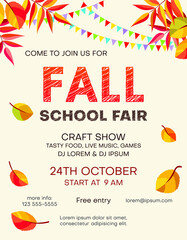 Wall Mural - Fall school fair announcing poster template with autumn foliage and bunting flags. Invitation with customized text for seasonal craft show or market flyer.