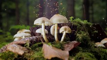 Close Up Shot Of Toxic Mushroom In Mossy Forest And Flying Pores As Motion Graphic Design - Glowing Sparks Rising Up To Sky