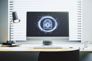 Poster - Modern computer monitor with creative lock hologram and chip. Information security concept. 3D Rendering