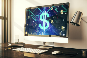 Aufkleber - Modern computer monitor with creative USD symbols hologram. Banking and investing concept. 3D Rendering
