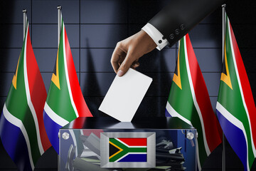 Wall Mural - South Africa flags, hand dropping ballot card into a box - voting, election concept - 3D illustration