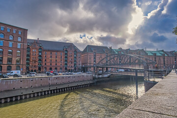 Wall Mural - Canals with floating church, bridges and storehouses in Hamburg, Germany