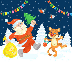 Poster - Happy Santa Claus and funny tiger cub are dancing with gifts in a winter glade. In cartoon style. On a dark blue background. Vector flat illustration.  in a winter glade