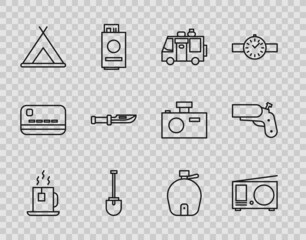 Wall Mural - Set line Cup of tea with tea bag, Radio antenna, Rv Camping trailer, Shovel, Tourist tent, knife, Canteen water bottle and Flare gun pistol icon. Vector