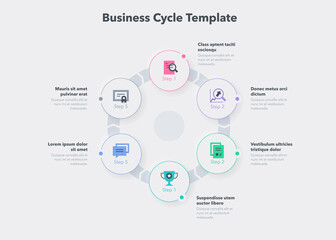 Wall Mural - Simple concept for business cycle diagram with six steps and place for your description. Flat infographic design template for website or presentation.